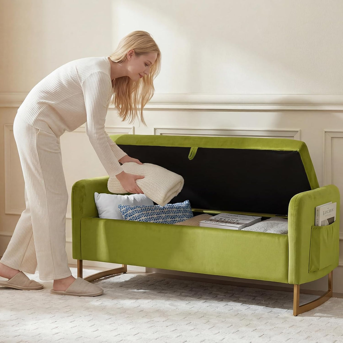 48" End of Bed Bench, Modern Storage Benches with Button-Tufted, Velvet Upholstered Storage Ottoman Bench for Foot of Bed with Arms, Gold Legs Window and Entryway, Olive Green