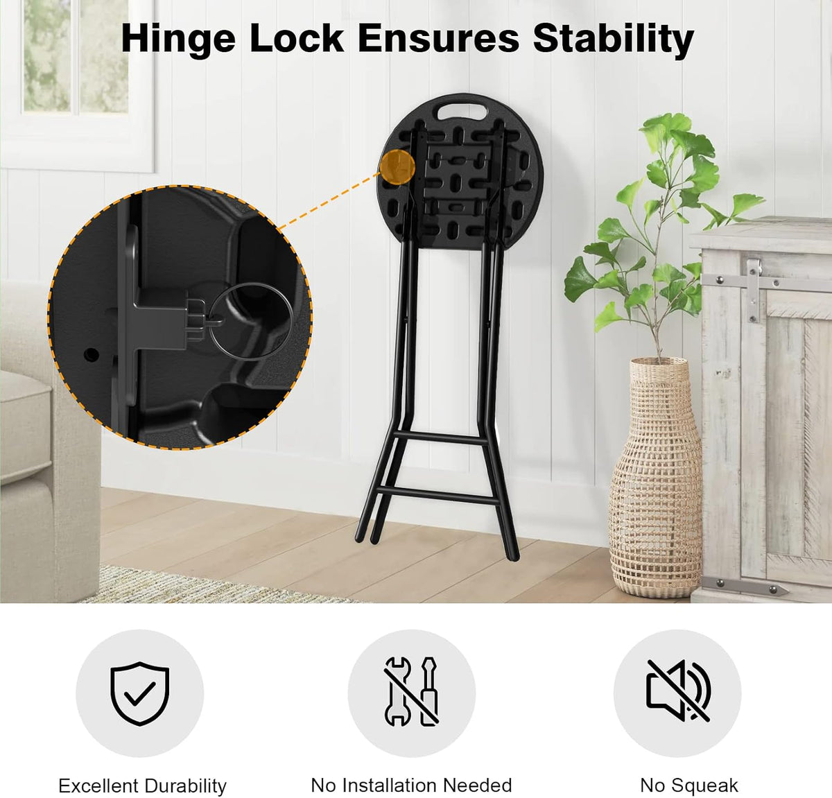 5Rcom 24 Inch Foldable Bar Stool with Safety Lock for Adults | Sturdy Steel Frame Legs, Built-in Handle, Metal & Plastic Construction, Supports 550lbs, Black