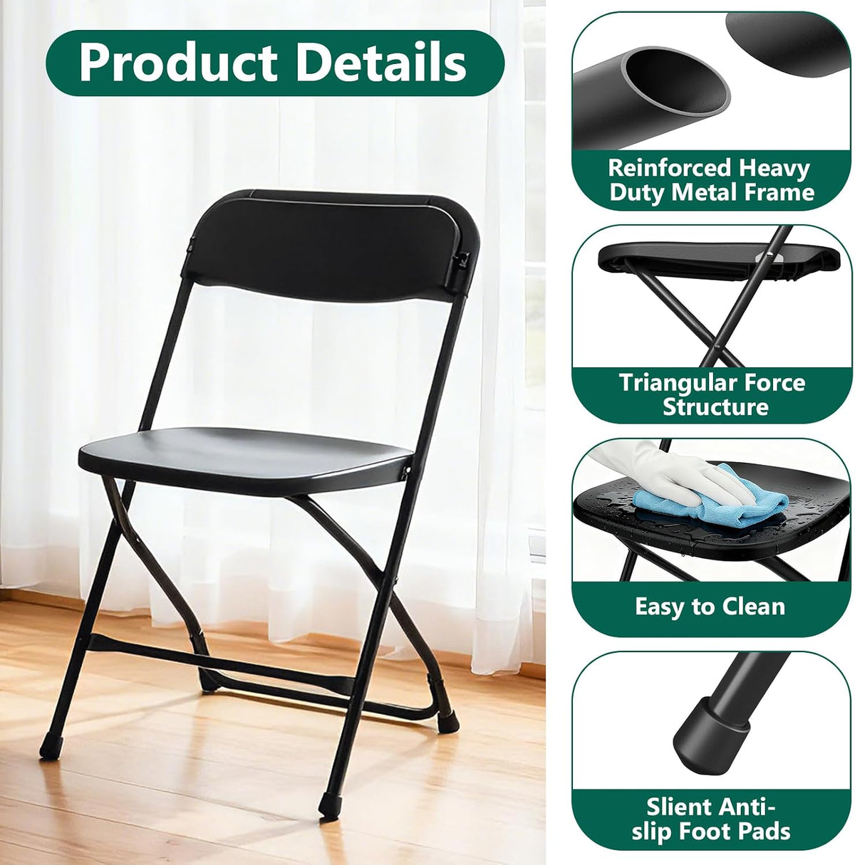 4 Pack Black Plastic Folding Chairs, Outdoor Portable Folding Chair with Steel Frame, 350lbs Capacity Stackable Foldable Chairs for Patio, Garden, Picnic, Kitchen, Events
