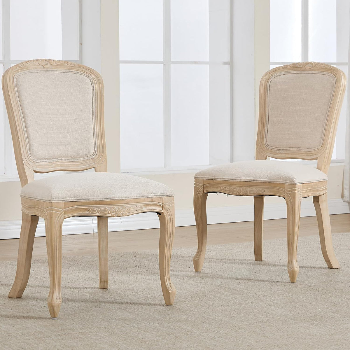 Kmax French Dining Chairs Set of 2, Farbric Upholstered Dining Chairs with Elegant Curved Legs High Back Armless Kitchen Chairs Side Chairs for Dining Room Restaurant - Linen, Beige/Natural Legs