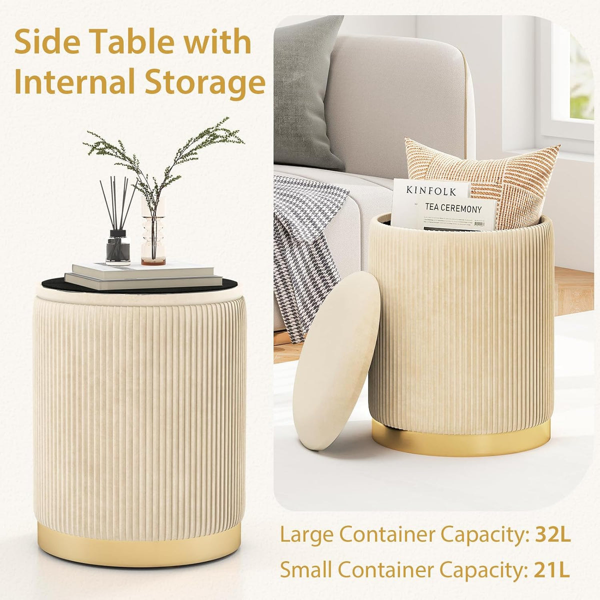 GIANTEX Ottoman with Storage, 1 Large & 1 Small Nesting Ottoman Side Table | Set of 2 Storage Ottomans, Upholstered Velvet/Linen Round Foot Rest Vanity Stool for Bedroom Living Room, Beige & Golden