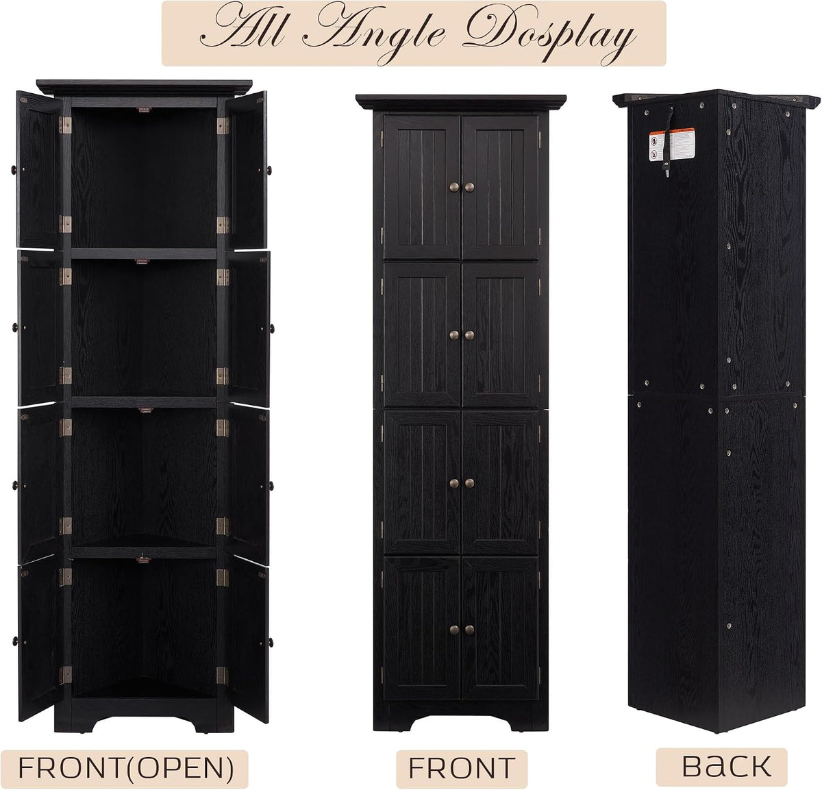 Corner Storage Cabinet 72" H Wooden Kitchen Pantry with 8 Doors, Freestanding Bookshelf Cabinet with Adjustable Shelves for Living Room (Black & Style 2)