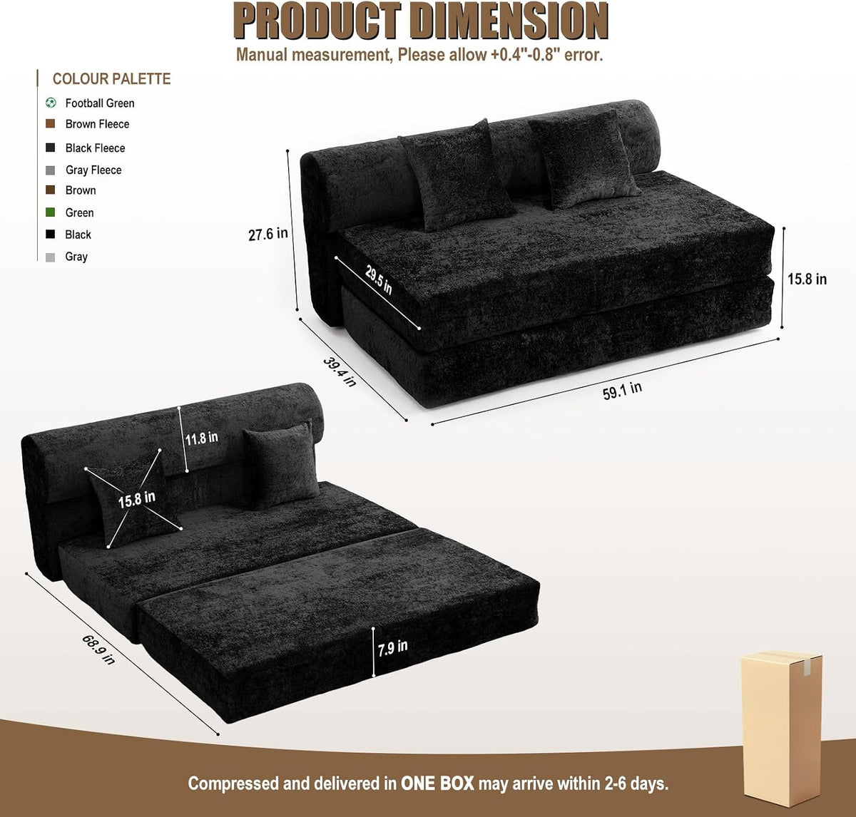 59" Convertible Sofa Bed with High Backrest & Washable Cover, Compression Couch in a Box, Sectional Loveseat Floor Sleeper Sofa for Bedroom, Living Room, BlackFleece