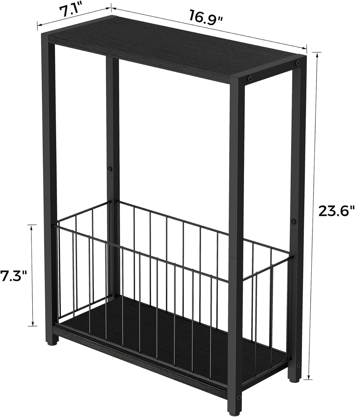 Homleke Narrow Side Table with Magazine Holder, Skinny End Table Perfect for Small Spaces, Space-Saving Design for Living Room, Bedroom, or Office, 7.1" D x 16.9" W x 23.6" H, Black