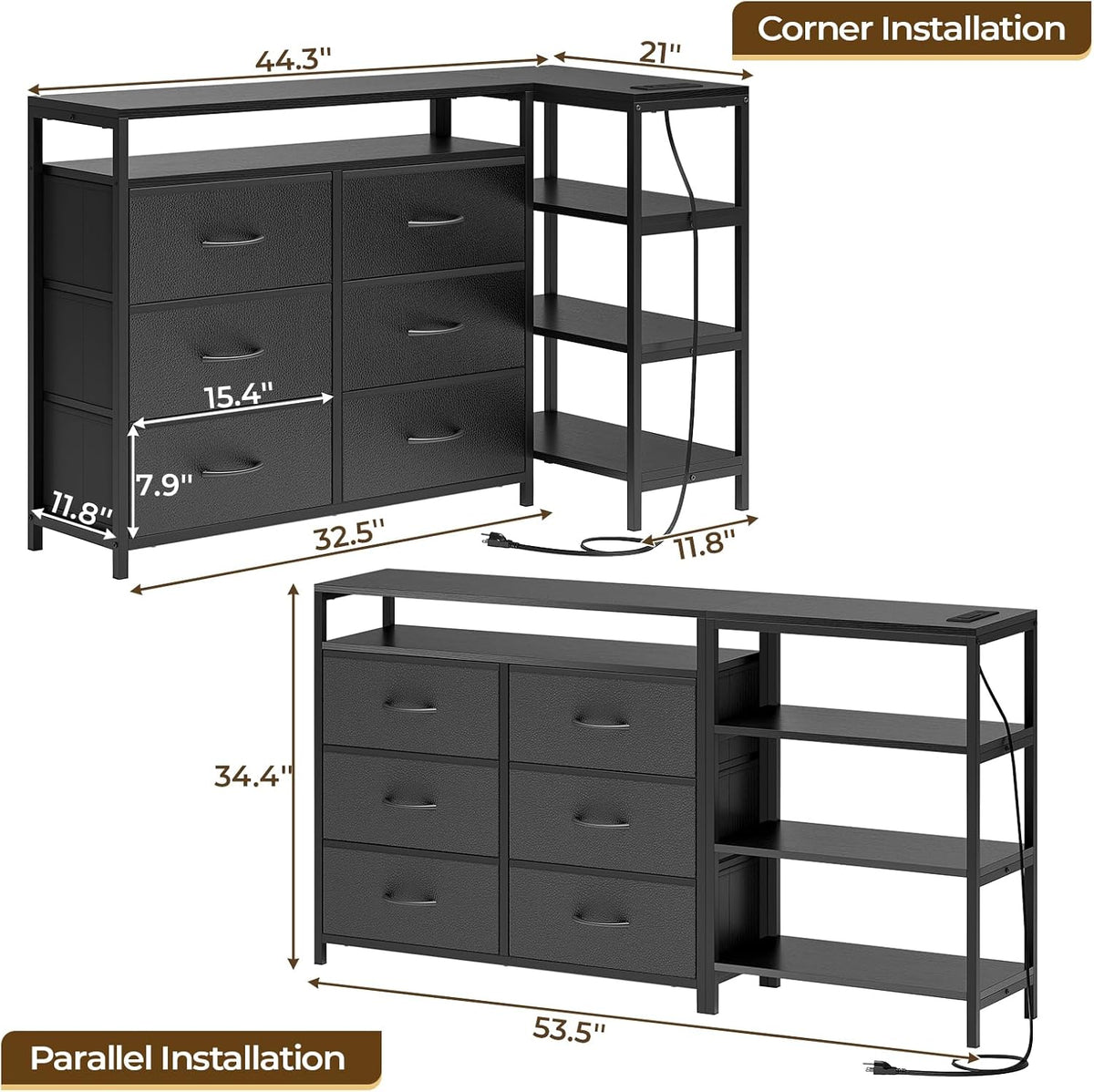 HAUOMS TV Stand for 60 Inch TV,LED Entertainment Center,Black | L Shaped Convertible Dresser with with Power Outlets & Open Shelf,6 Drawers with PU Finish,for Living Room,Bedroom