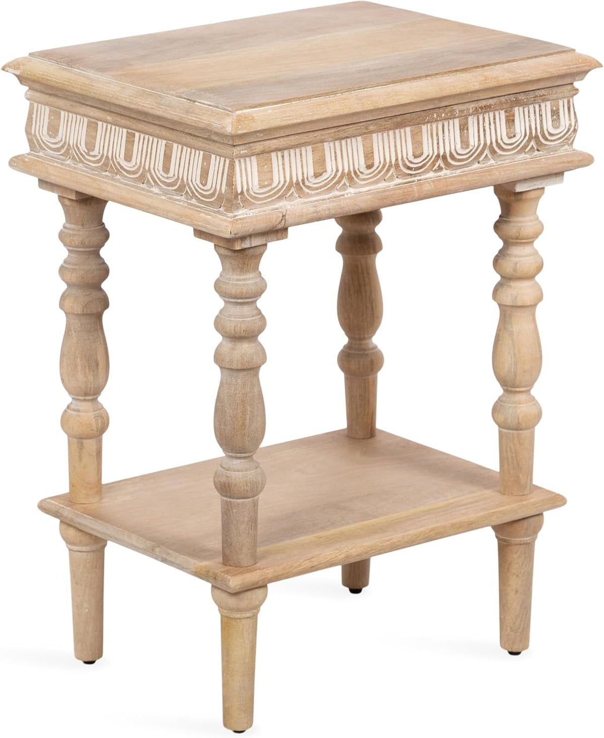 Kate and Laurel Patresa Traditional Carved Wood Side Table, 18 x 14 x 24, Light Natural, Decorative Rectangle End Table with Tiered Design for Use as Bedroom Nightstand