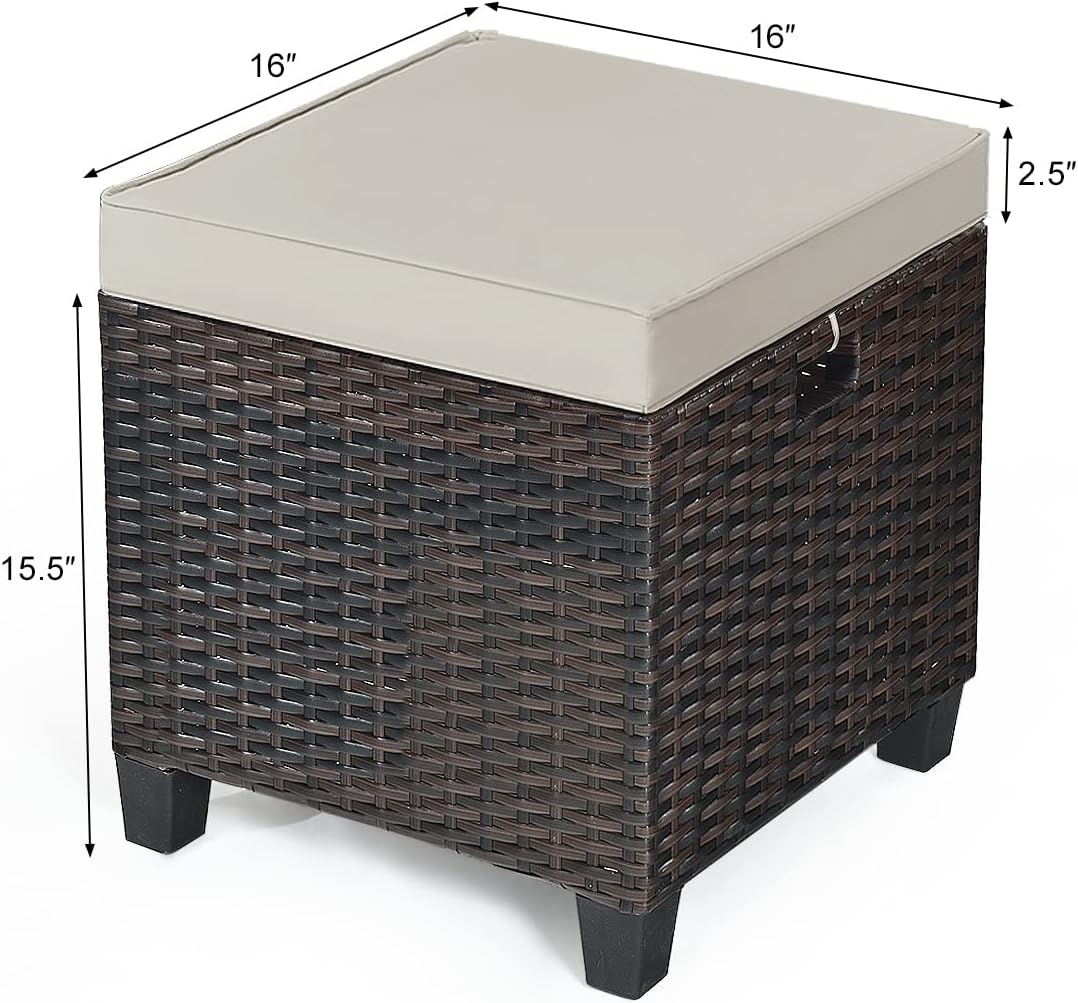 Set of 2 Outdoor Wicker Ottomans, All Weather Rattan Patio Footstool w/Removable Cushions, Patio Rattan Furniture, Extra Footrest Seat for Garden, Patio, Deck, Porch, Poolside (Light Brown)