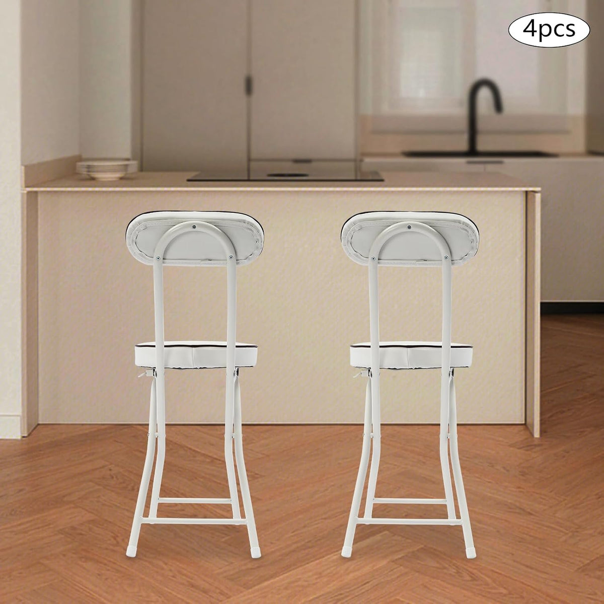 Foldable Chair 4pcs Steel High Portable Folding Indoor Counter Bar Stool Cushioned Padded Stools Seating with Backrest for Kitchen Island Shop Cafe Workshop, Studio- Load 275lbs (White)