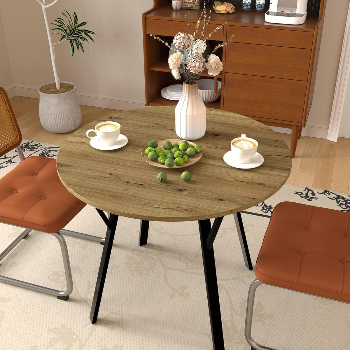 Round Dining Table with Metal Black Legs,35.43 Inch Circle Brown Kitchen Table Modern Dining Room Smal Table for 2-4 People (35.43'')