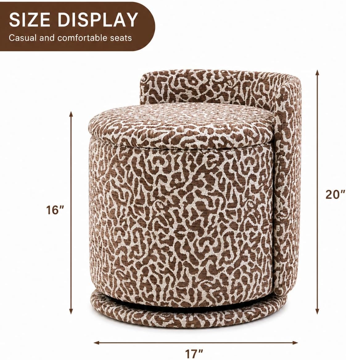360° Swivel Makeup Chair with Storage, Leopard Upholstered Accent Stool with Back, Round Vanity Stool Ottoman for Living Room, Makeup Room, Bedroom (Leopard)