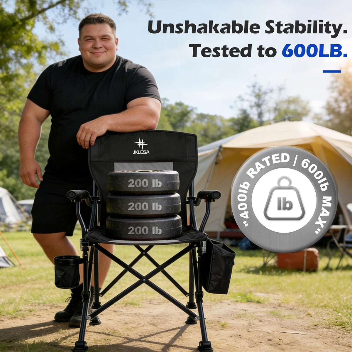 XL Premium Camping Chair - 400lb Capacity, Oversized 23.7" Wide Seat, Heavy Duty 600D Oxford Fabric, Padded Camping Chair Portable for Outdoor, Beach, Tailgate Parties Black/Blue