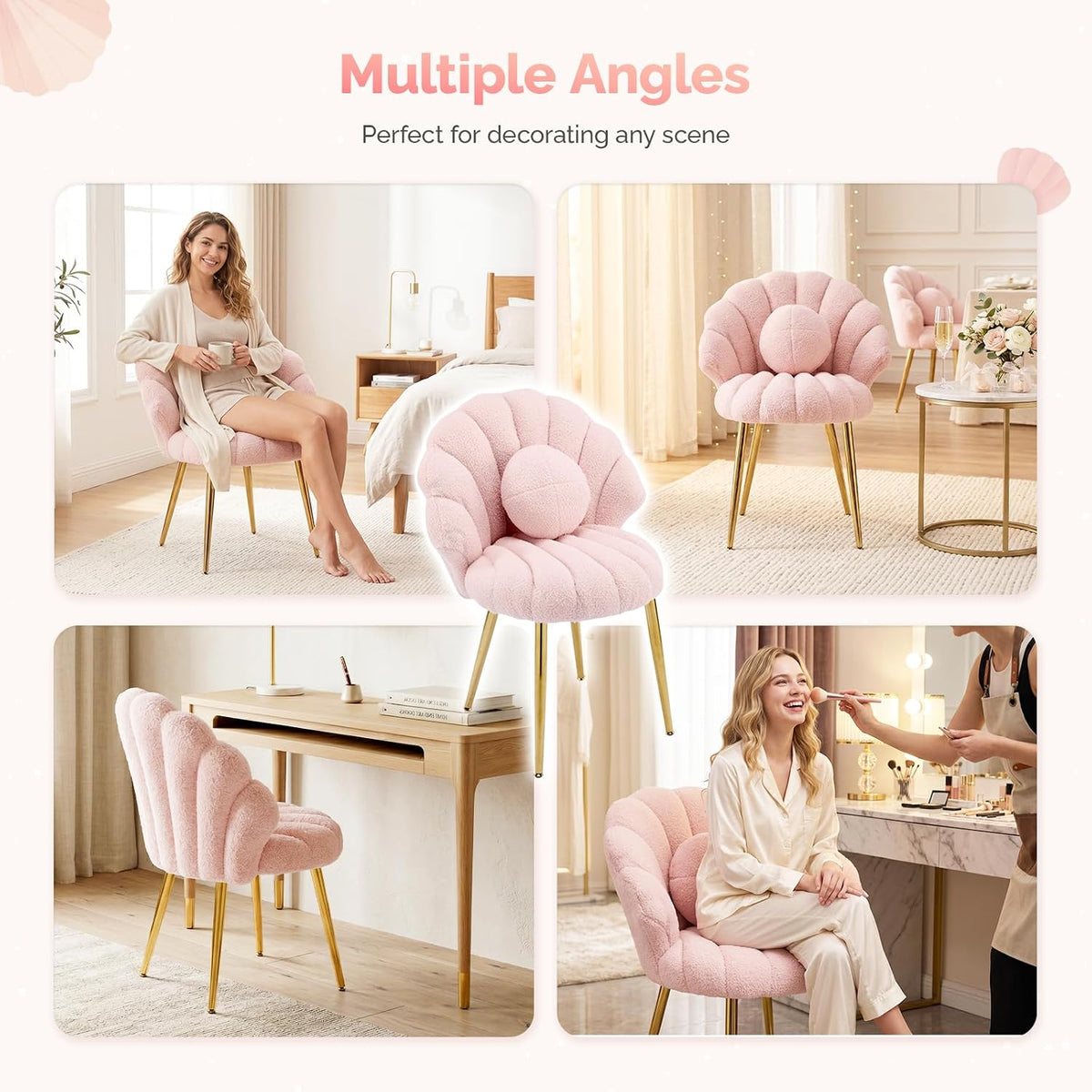 VINGLI Shell-Shaped Teddy Fleece Accent Vanity Chair with Back,Comfy Pink and Gold Desk Chair No Wheels,Cute Small Pearl Deco Pillow,Gift for Girls/Women,for Makeup,Office,Dining,Nail,Sewing,Bedroom