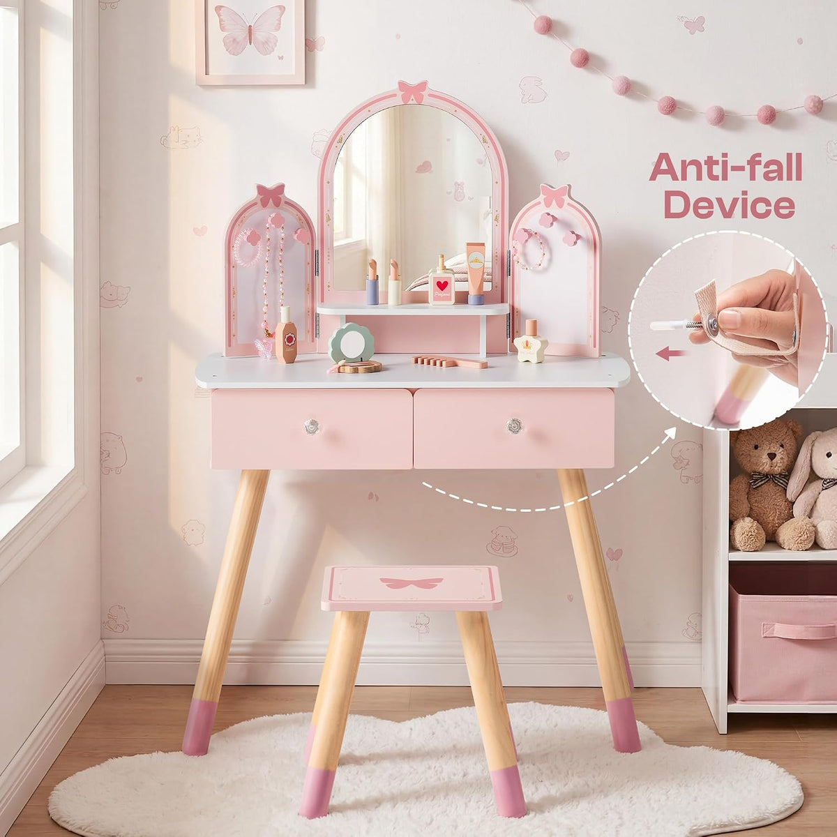 ROBOTIME Pink Kids Vanity Set with Butterfly Mirror Stool Age 3+, 39in×27in | Dress-up and makeup pretend play, butterfly mirror with stool and 2 drawers, builds confidence, birthday gift for age 3+