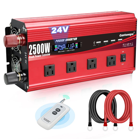 Cantonape 2500W Power Inverter 24V to 110V/120V DC to AC with LCD Display, Remote Controller 4 x AC Outlets and 4 x 3.1A USB Car