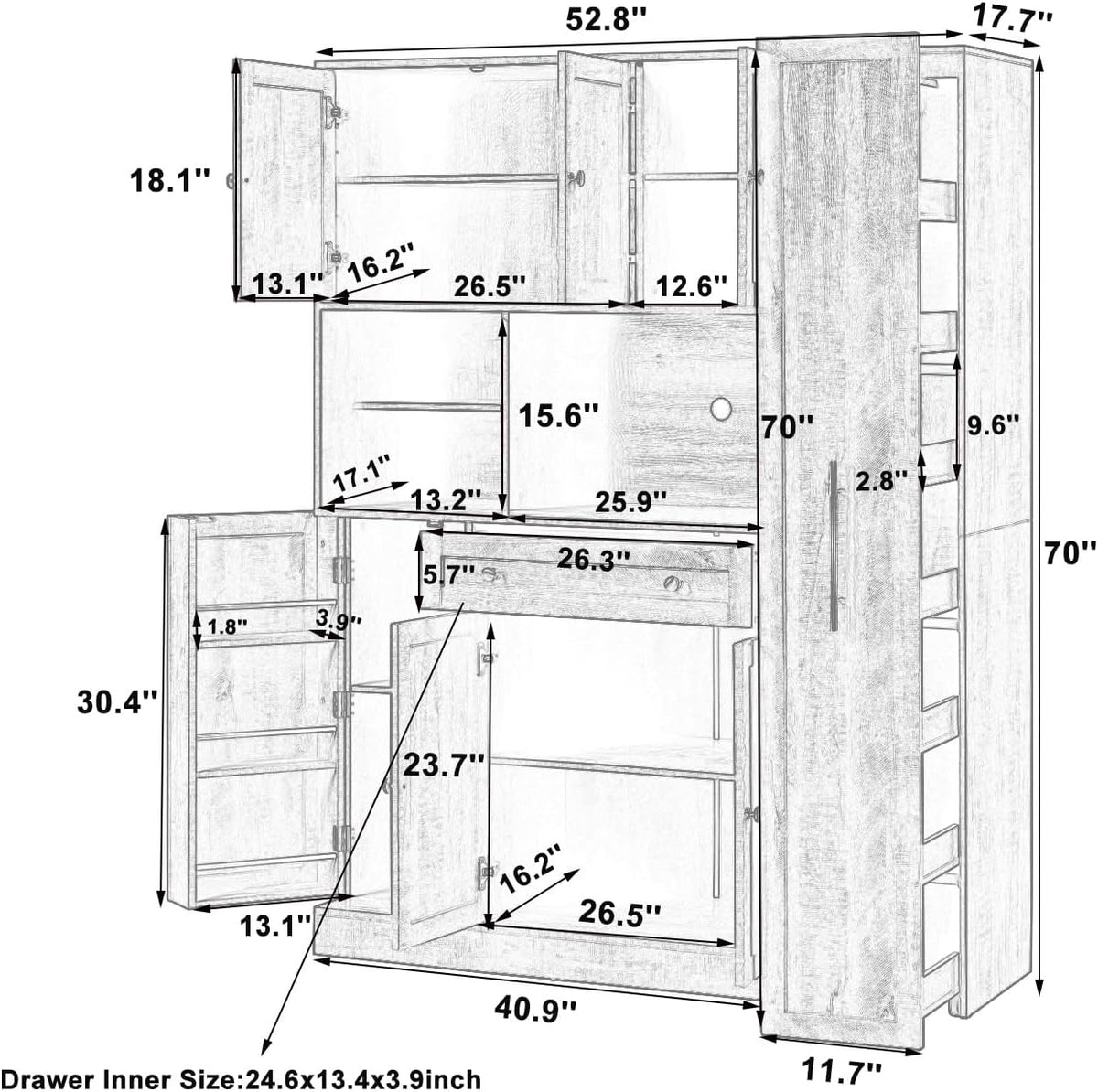 Polibi Freestanding Pantry Cabinet with Hutch & 7-Tier Pull-Out Side Cabinet, Door Shelves and Drawer, P2 MDF, Anti-Tip Safety, 52.8x17.7x70inch (Blue)