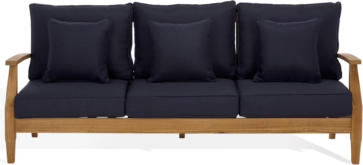 SAFAVIEH Couture Outdoor - Martinique 3-Seat Sofa - Natural & Navy - Teak Wood - Slatted Coastal Design - Ideal for Patio, Deck, Porch, Backyard, 18.3" Seat Height (CPT1013J)