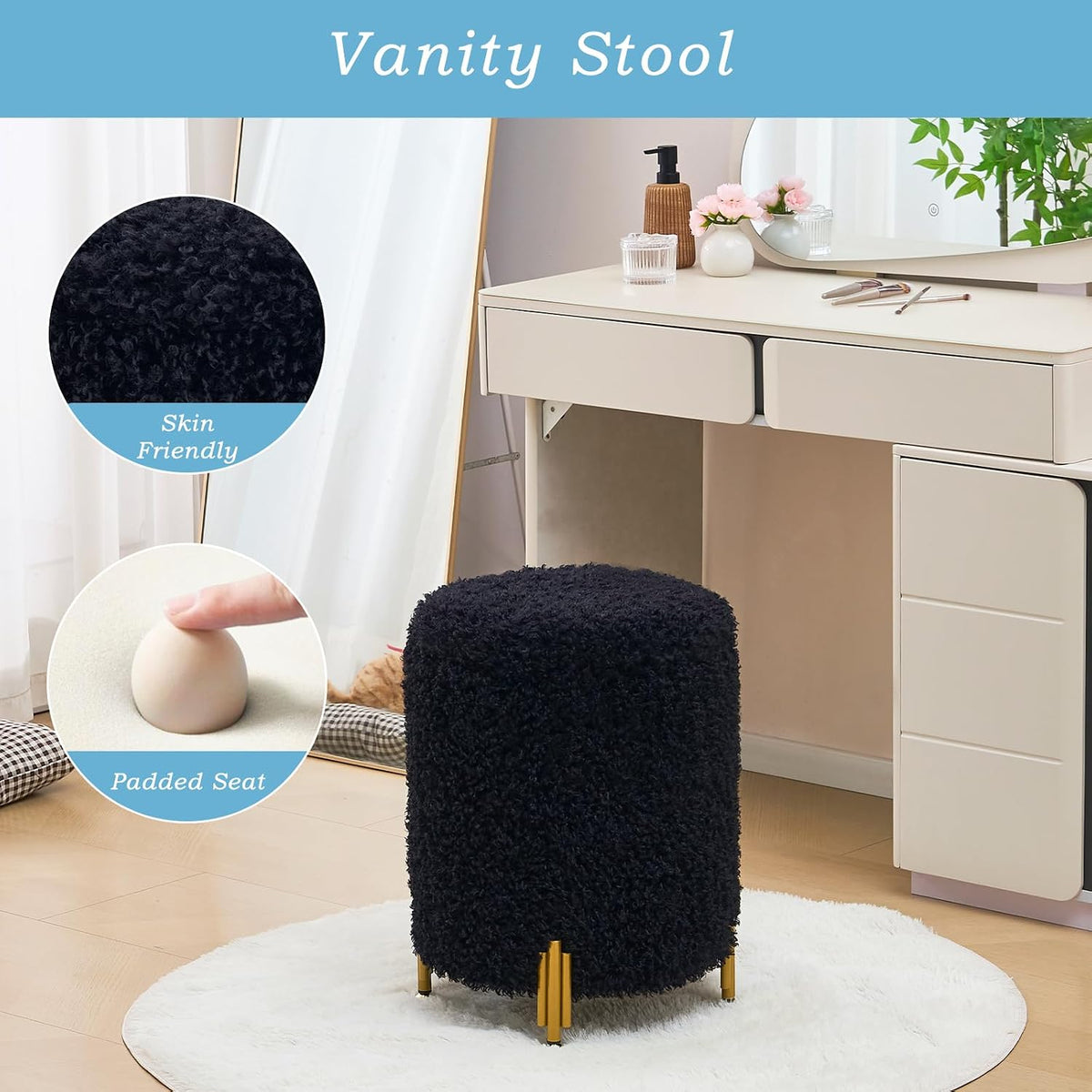 Round Ottoman Foot Stool with Storage and Metal Legs for Living Room Bedroom, Velvet Upholstered Footrest Stool Support 300lbs Modern Padded Seat Ottoman Coffee Table (Black-Long Wool)