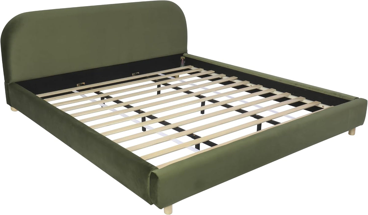 Merax Queen Velvet Fabric Platform Bed with Curved Headboard, Olive Green