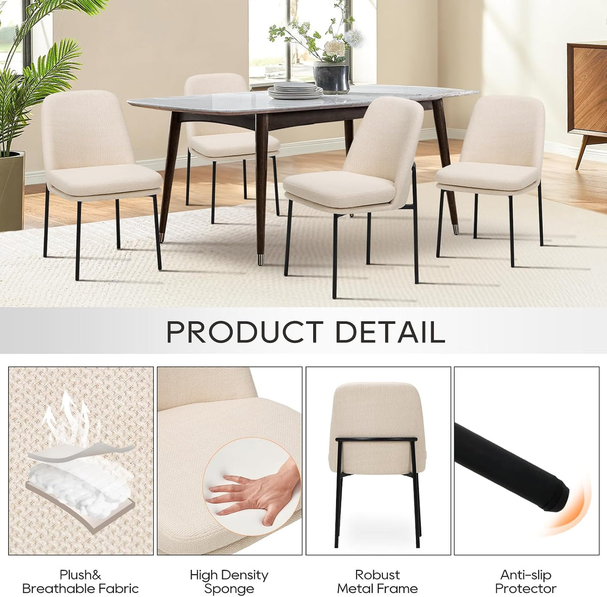 COLAMY Modern Dining Chairs Set of 4, Upholstered Dining Room Chairs Dinner Chair Kitchen Chairs with Curved Back and Metal Legs, Beige