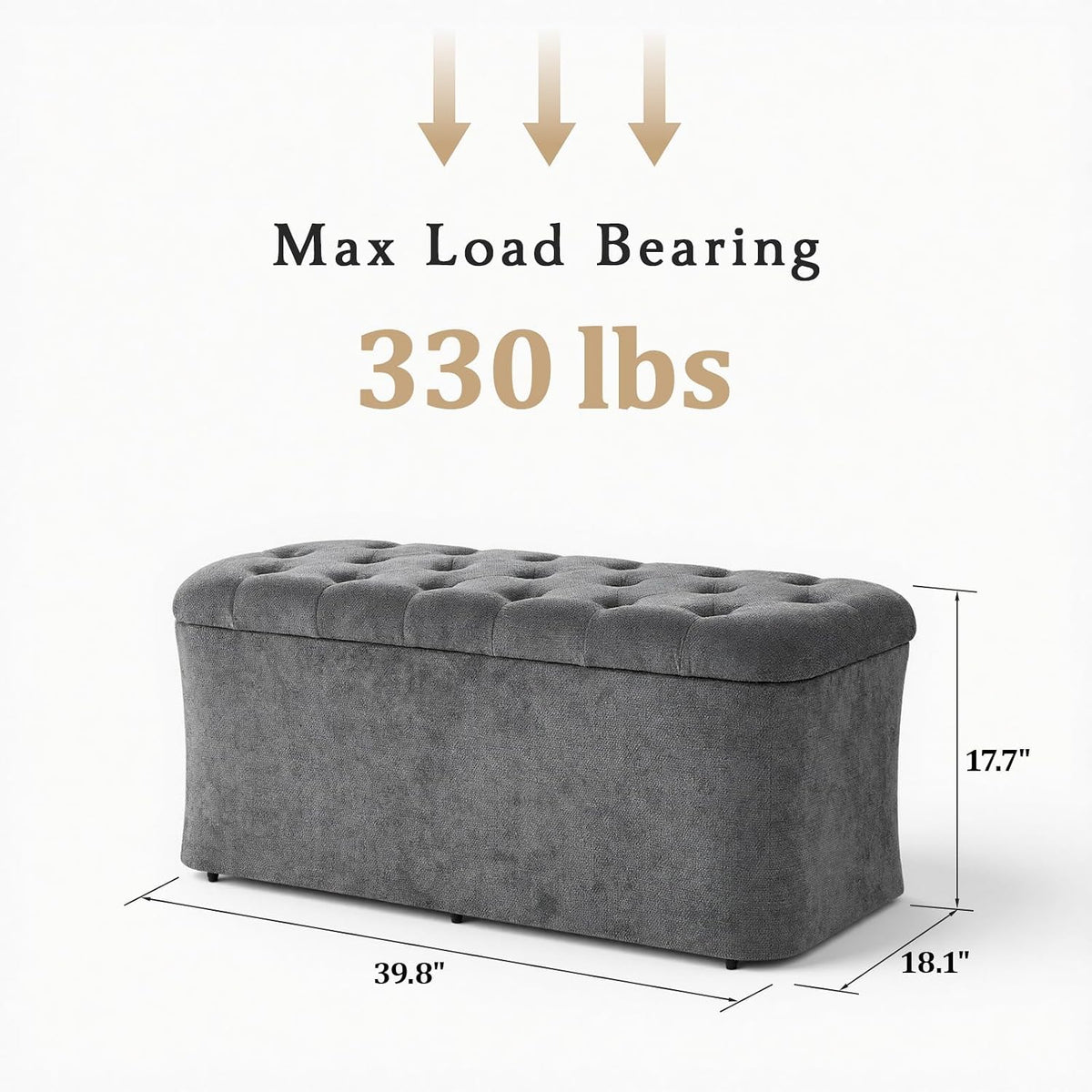 ONBRILL Storage Ottoman Bench, End of Bed Bench, 39.8 x 18.1 x 17.7 Inches Pouf Ottoman Foot Rest, Storage Benches Chest for Bedroom Entryway Living Room, Max 330 lbs, Grey