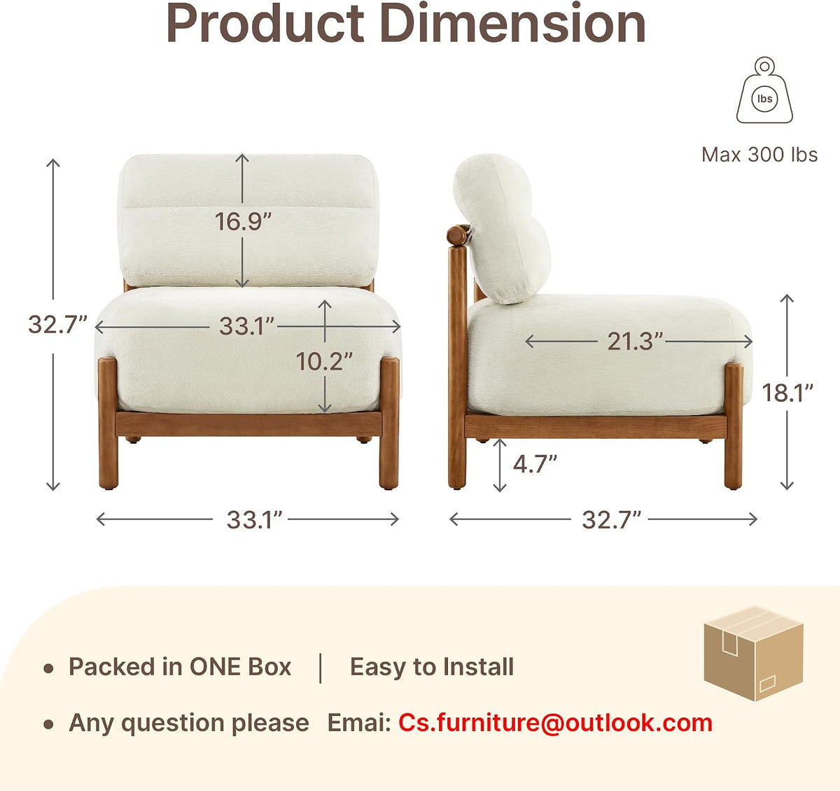 Mid Century Modern Accent Chair, Upholstered Armless Lounge Chair with Wooden Frame and Thick Padded Seat for Living Room, Bedroom,Linen