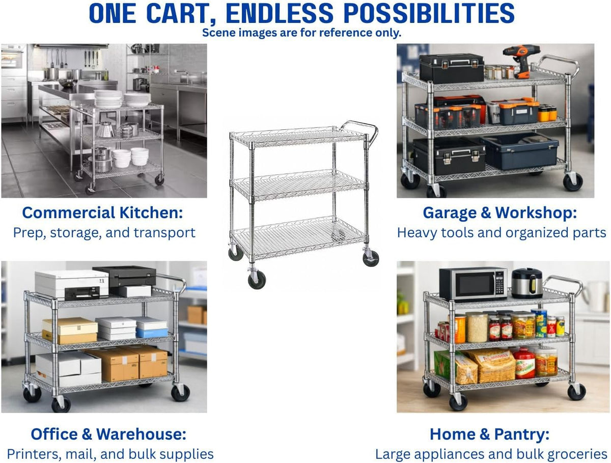 Heavy Duty 3 Tier Rolling Utility Kitchen Cart on Wheels,Large 45"L x 17 1/2"D x 45"H Metal Serving Cart Commercial Grade with Wire Shelving and Handle Bar for Office School Church Kitchen Hardware