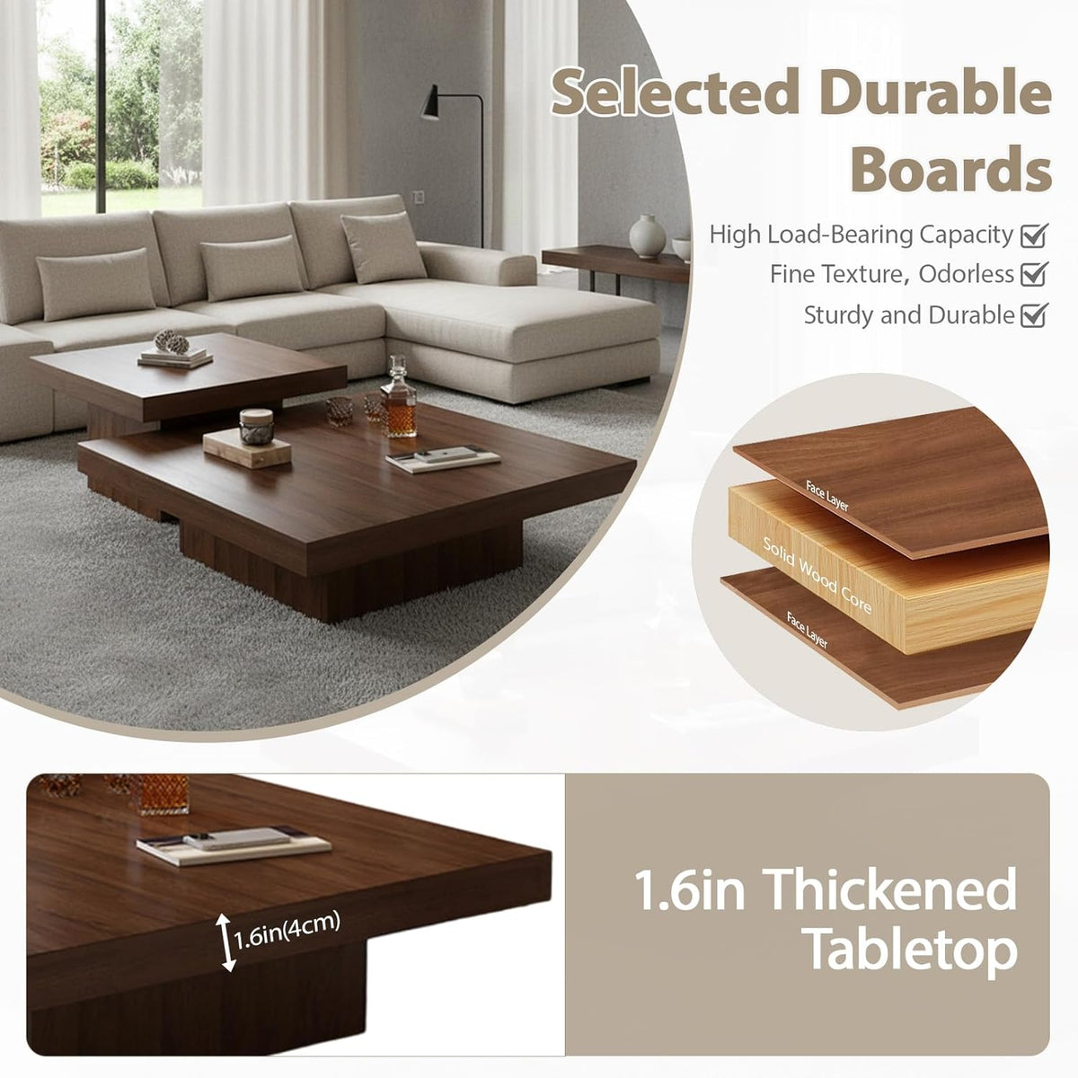 Nesting Coffee Table Set of 2, Modern Square Coffee Tables and Side Table Set, Full Floor Structure, Small Wooden Living Room Table for Living Room, Office, Reception Room