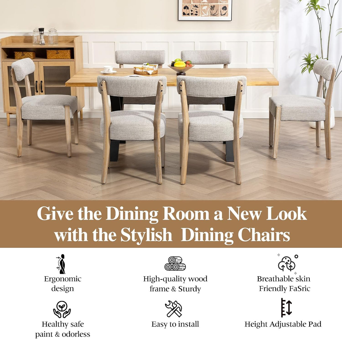ZJhome Dining Chairs,Set of 6 Mid-Century Modern Wooden Kitchen Chairs with Linen Upholstery - Low-Back Woven Design for Kitchen & Dining Room,Oatmeal Fabric