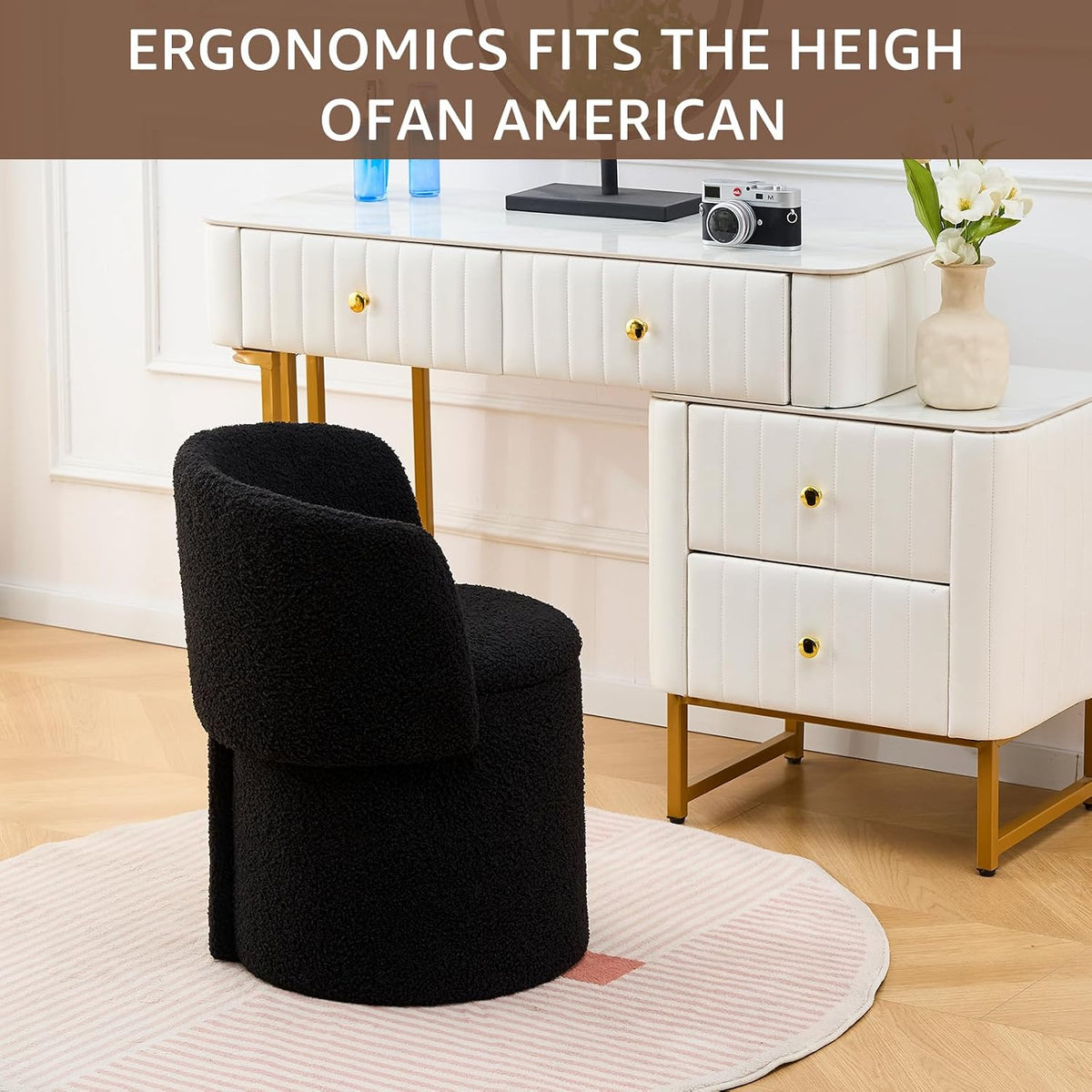 Storage Ottoman Modern Vanity Stool with Foldable Backrest | Teddy Velvet Footstool with Extra Seating Small Side Table Footrest Stool Makeup, Bedroom (Black)