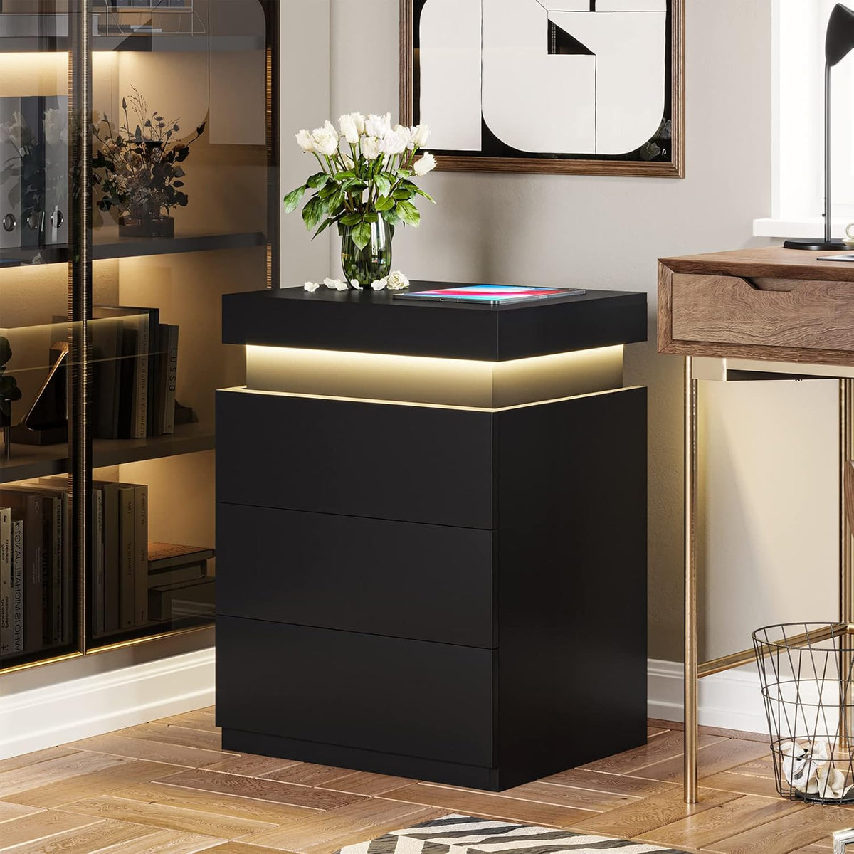 ADORNEVE Black Nightstand with Charging Station and LED Lights | Modern Night Stand with Sliding Top,Bedside Table with Drawers,Bed Side Tables Bedroom