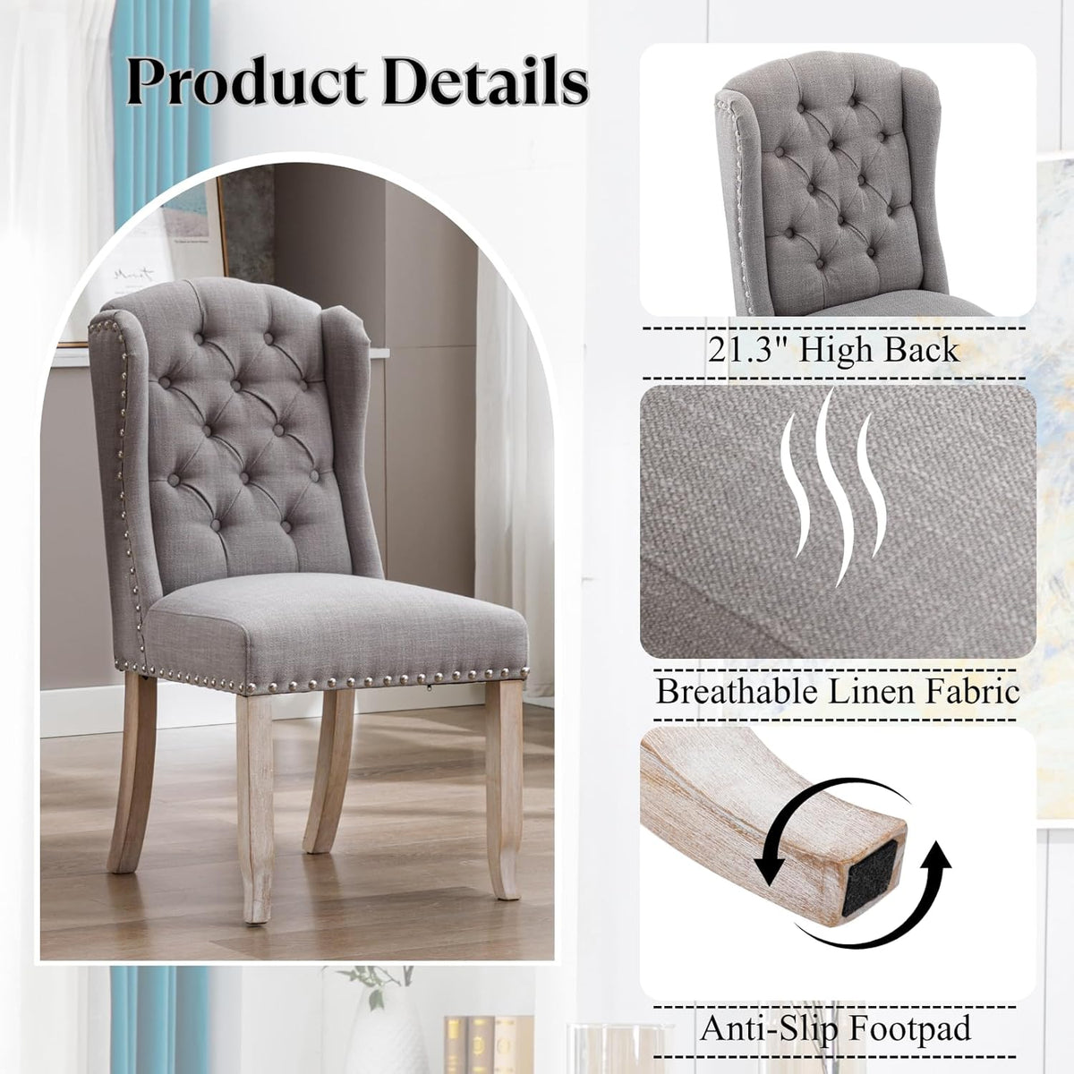 Ya-Home Modern Tufted Dining Chairs Set of 8, Upholstered Kitchen Room Side Chairs Accent Chairs with Wingback Nail Trims Wood Legs, Farmhouse Guest Chairs for Dining Room, Living Room, Linen Grey