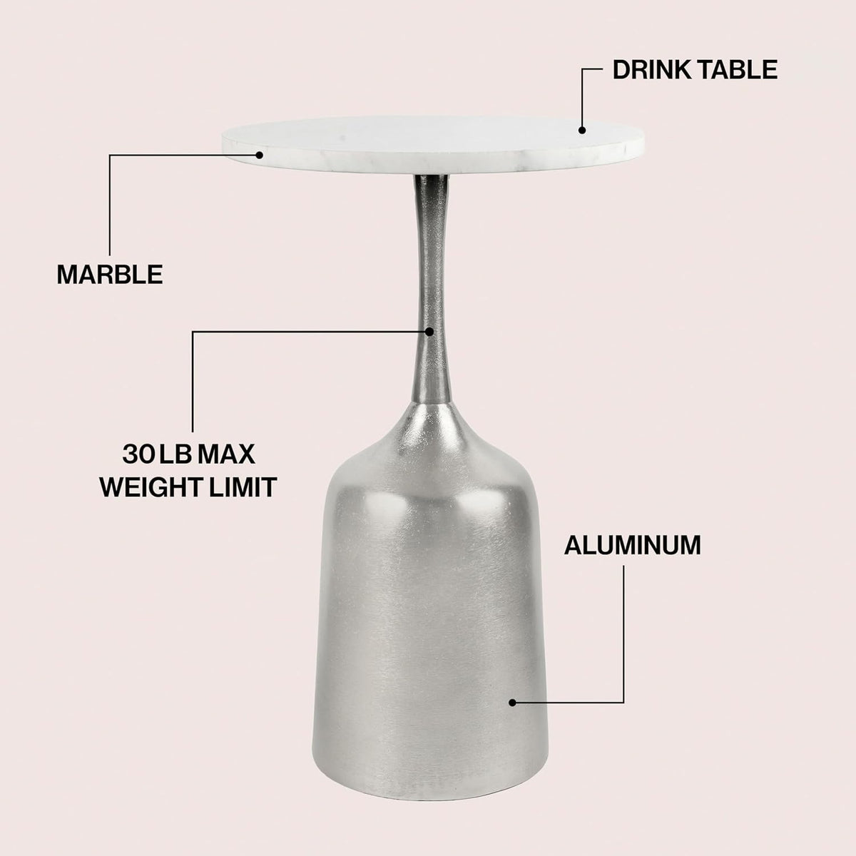 Eyely DNE4002A Noa 20.25" Classic Designer Metal Drink Table and Decorative End Table w/White Marble Round Top and Bell Pedestal Base for Living Room, Bedroom, Antique Nickel
