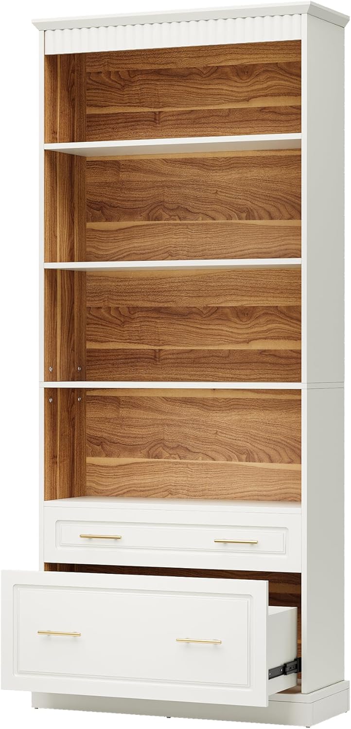 Tribesigns 5-Shelf Bookcase with File Cabinet Drawer, 72" Tall Bookshelf, Modern Free-Standing Wood Bookcase, Large Open Display Storage Book Shelf for Living Room (2pcs, White)