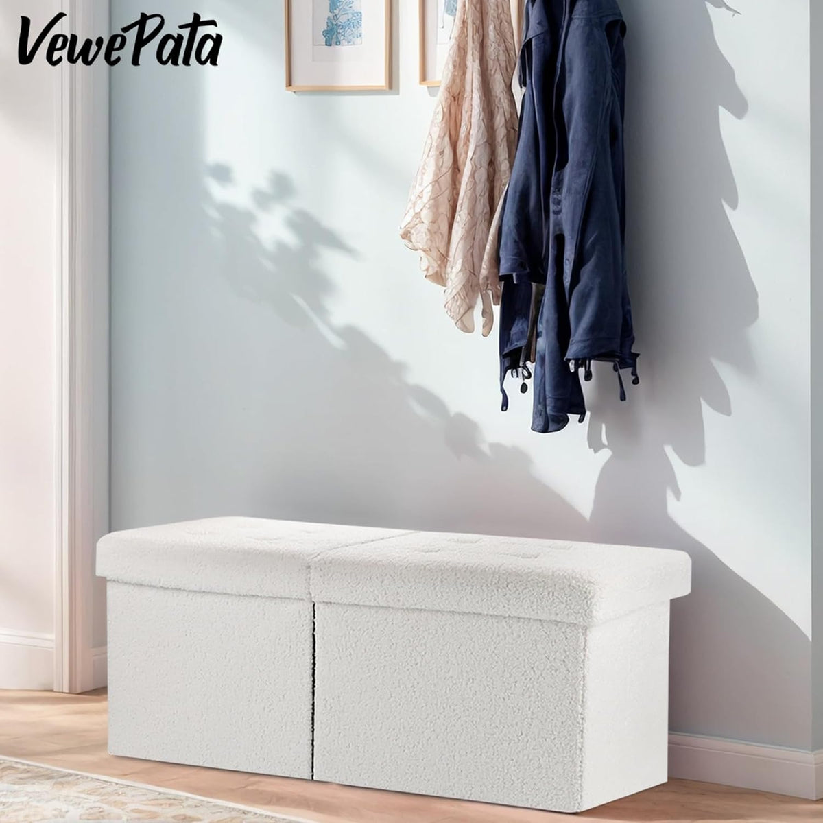 Storage Ottoman Bench, 34" Teddy Velvet Folding Foot Rest, White | Large Ottoman with Storage, Thicker Foam Padded Seat, 34 x 13 x 13in, Livingroom, Dorm, Bedroom, Easy to install, 86L