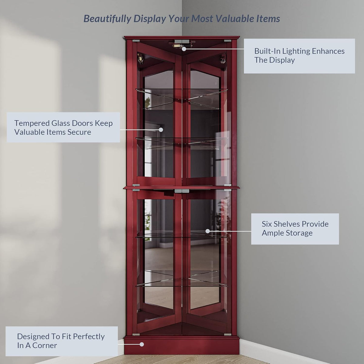 BELLEZE Lighted Corner Display Curio Cabinet Wooden Shelving Unit with Tempered Glass Door, Bar and Liquor Storage Area with 6 Shelves - Woody (Cherry)