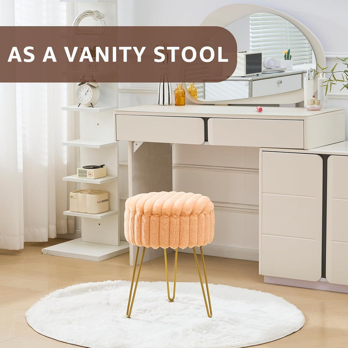 Wimarsbon Vanity Stool with Storage, Faux Fur Ottoman Chair with Metal Legs, Round Makeup Vanity Chair for Bedroom or Dressing Table, Modern Small Ottoman Seat (Orange)