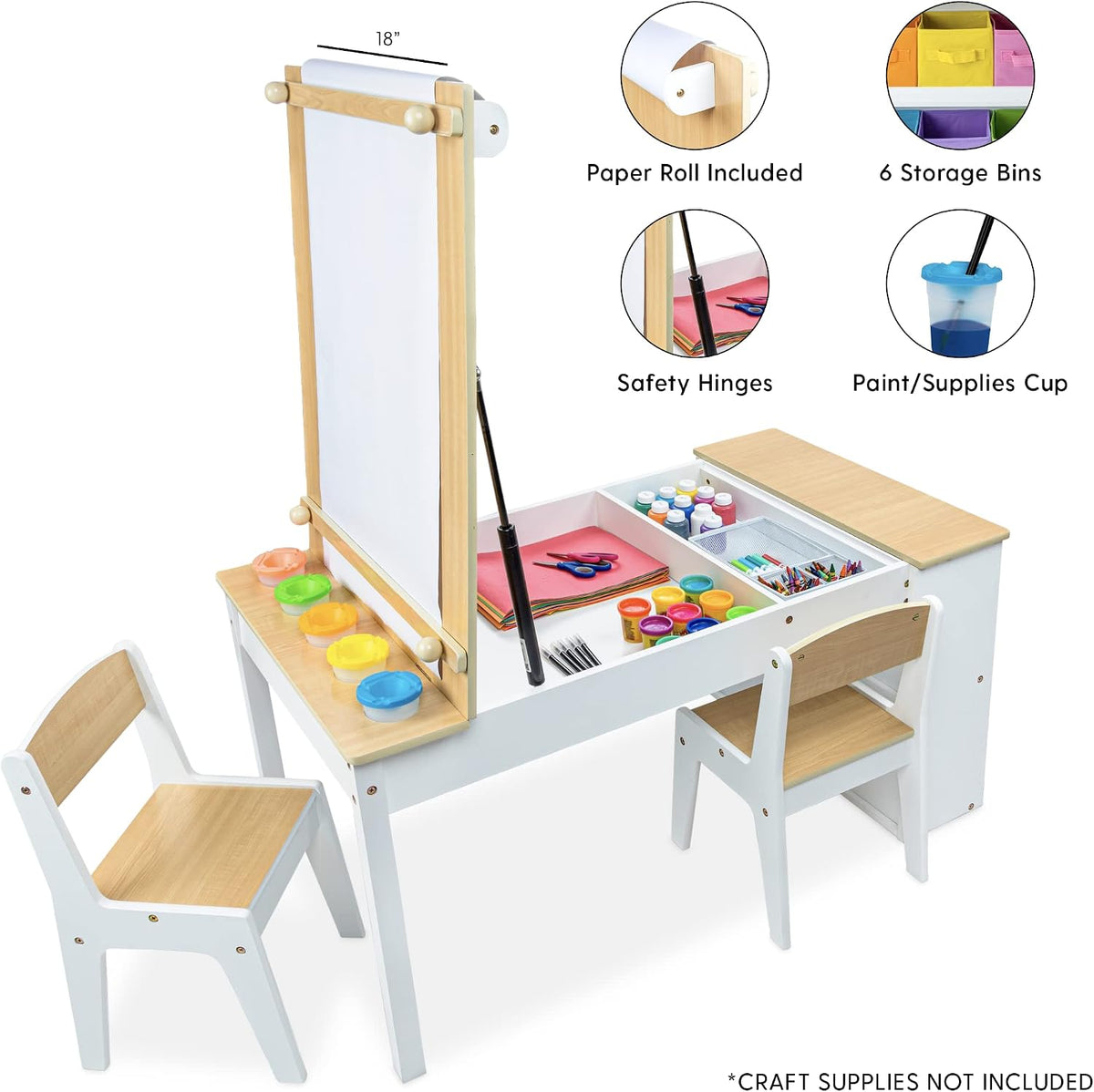 Milliard Kids Art Table Set with Chairs for Playroom, Toddler Craft and Play Wood Activity Table with Storage Bins and Paper Roll (Wood and White)