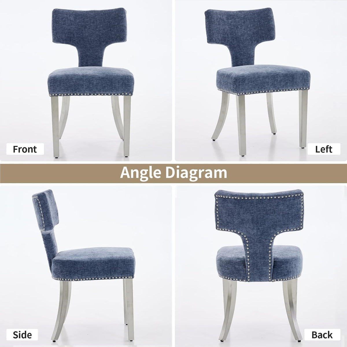 Shenyon Mid Century Modern Dining Chairs Set of 6, Chenille Fabric Upholstered Dining Room Chairs Curved Backrest with Nailhead Trim, Kitchen Chairs with Silver Stainless Steel Legs, Blue