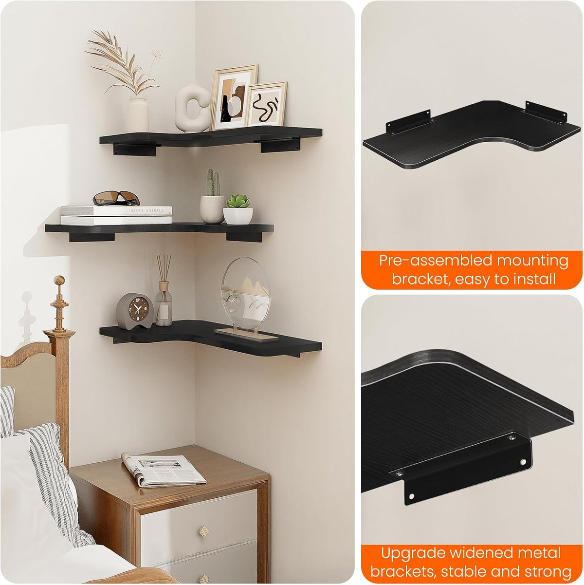 Homode Corner Shelves Wall Mounted, Set of 3 Floating Corner Shelves with Cord Hole, 3 Tier Wooden Hanging Display Shelf for Bathroom Kitchen Living Room, Black