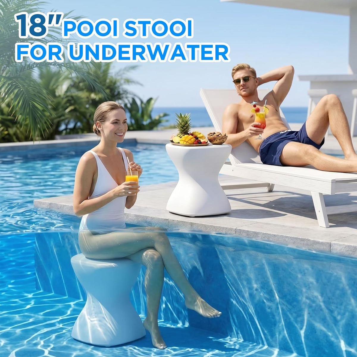 18" Pool Stool for Underwater, Pre-Weighted No-Assembly in-Pool Bar Stool, Adjustable Feet, Vinyl-Safe for Underwater Seating, Swim Up Chair for Shallow Sun Shelf (1 Pack)