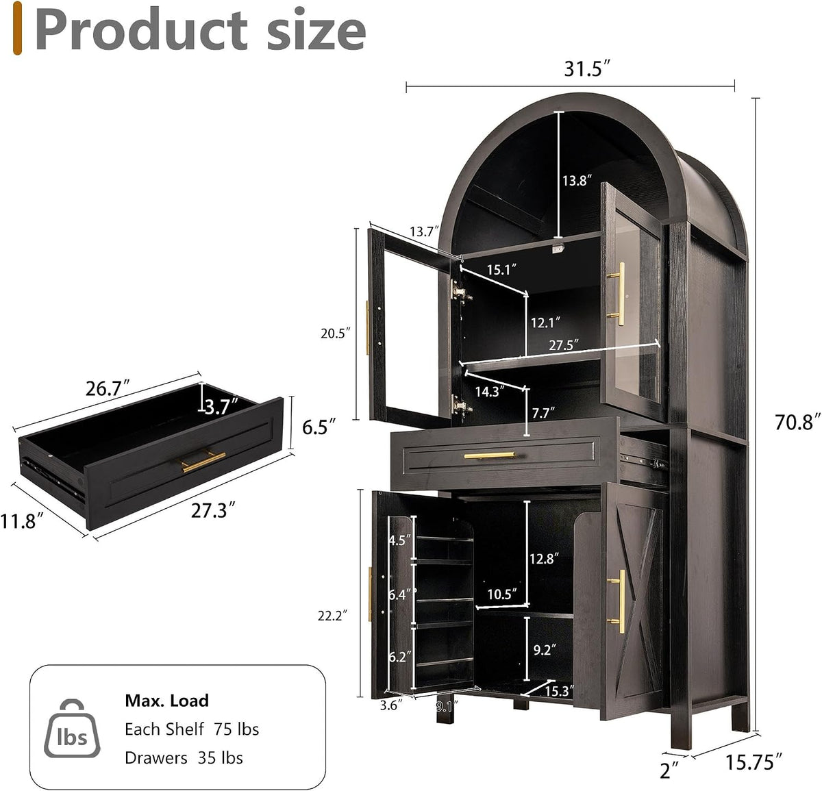 71" Tall Arched Kitchen Pantry Cabinet, Farmhouse Freestanding Food Pantry with Glass Door, Barn Door Design and Adjustable Shelves, Storage Cupboard for Kitchen, Living & Dining Room,Black