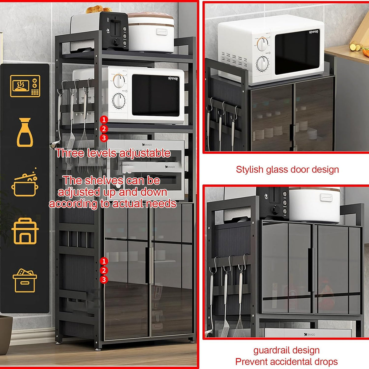 Kitchen Storage Cabinet with Adjustable Shelves Glass Door and Microw Stand Freestanding Cupboard for Dining Room Living Room and Study Room Oven Rack and Bakers Rack Modern Storage Solution