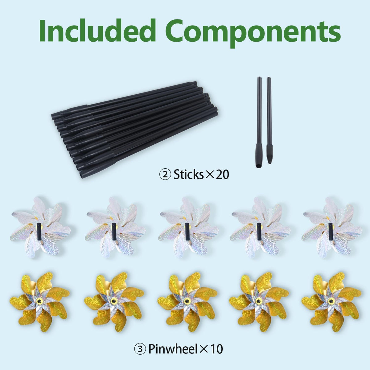 10 Pack Reflective Pinwheels with Stakes, 19.7 inch Gold & Silver Pre-Assembled Sparkle Pin Wheel for Scare Birds and Unwelcome Animals Away Form Yard, Garden, Lawn
