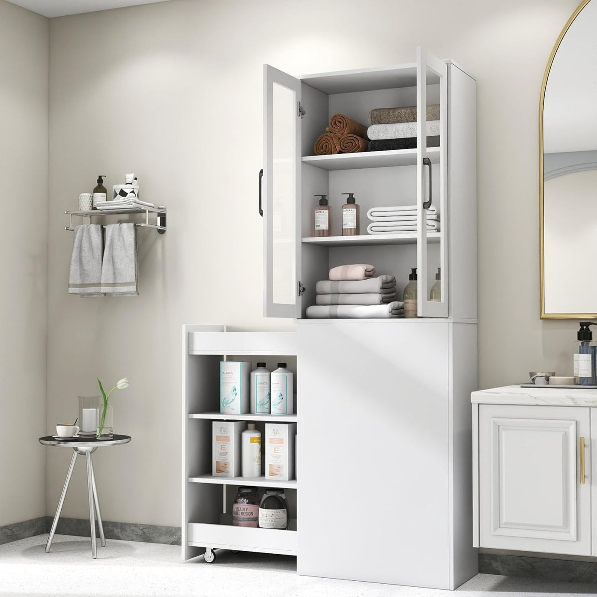 KEIKI 70.87" H Kitchen Pantry Storage Cabinet with Pull-Out Shelf, Glass Doors, Tall Modern Wooden Display Cabinet, Bookshelf, Bookcase, Food Pantries for Dining Room, Living Room Home Office, White
