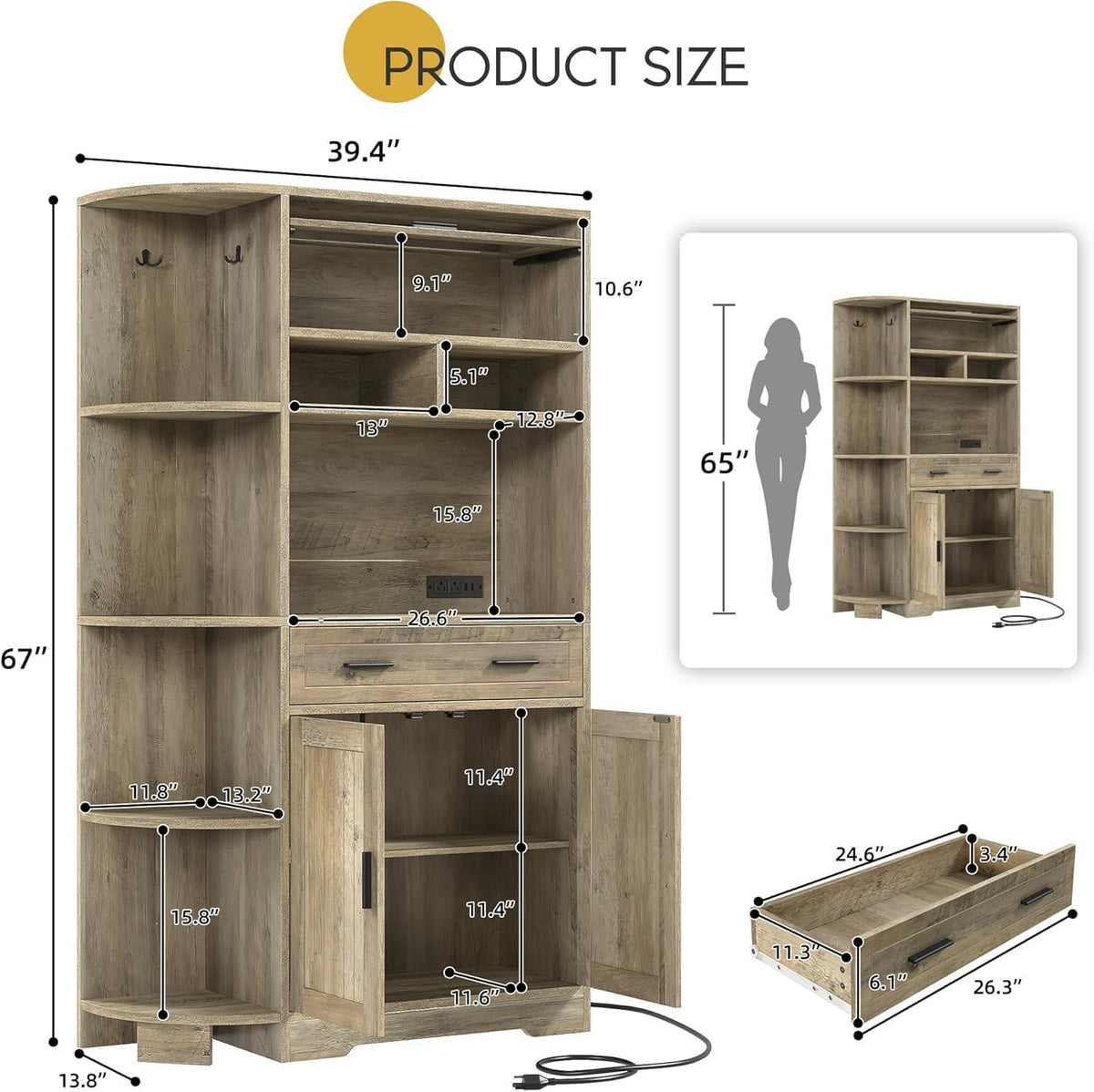YITAHOME Kitchen Pantry Storage Cabinet, 67" Tall Kitchen Hutch with Outlet & Door & Shelves & Drawer, Farmhouse Wooden Microwave Stand Buffet Coffee Bar for Home Living Dining Room, Antique Gray