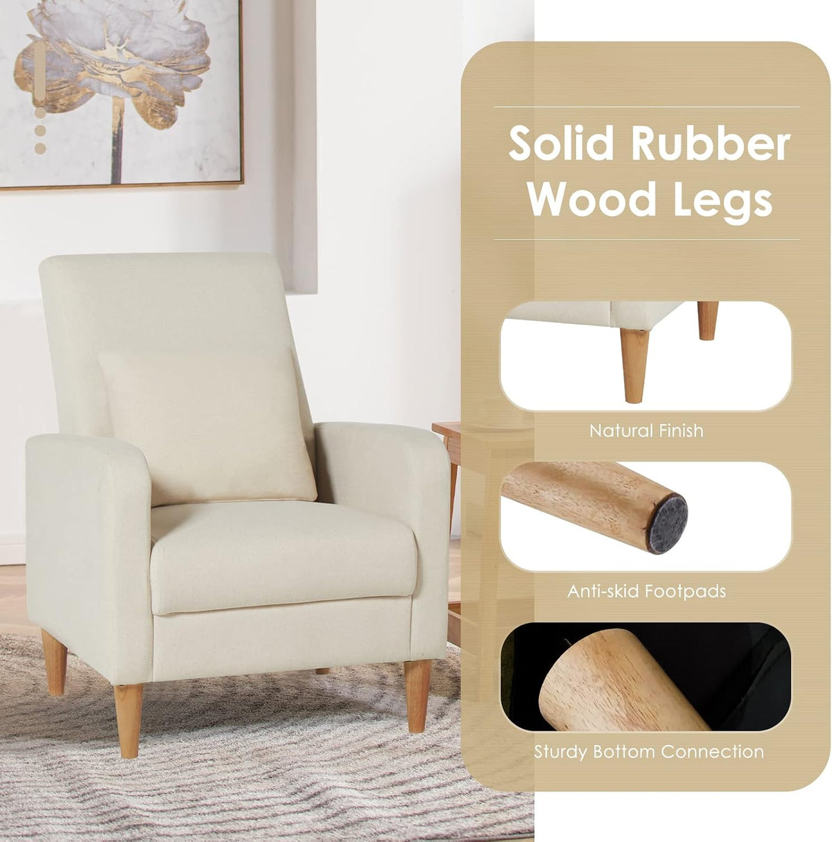 COLAMY Mid-Century Modern Accent Chair, Fabric Upholstered Living Room Chair with Back Pillow & Solid Wood Legs, Comfy Armchair for Living Room, Bedroom, Single Sofa, Beige
