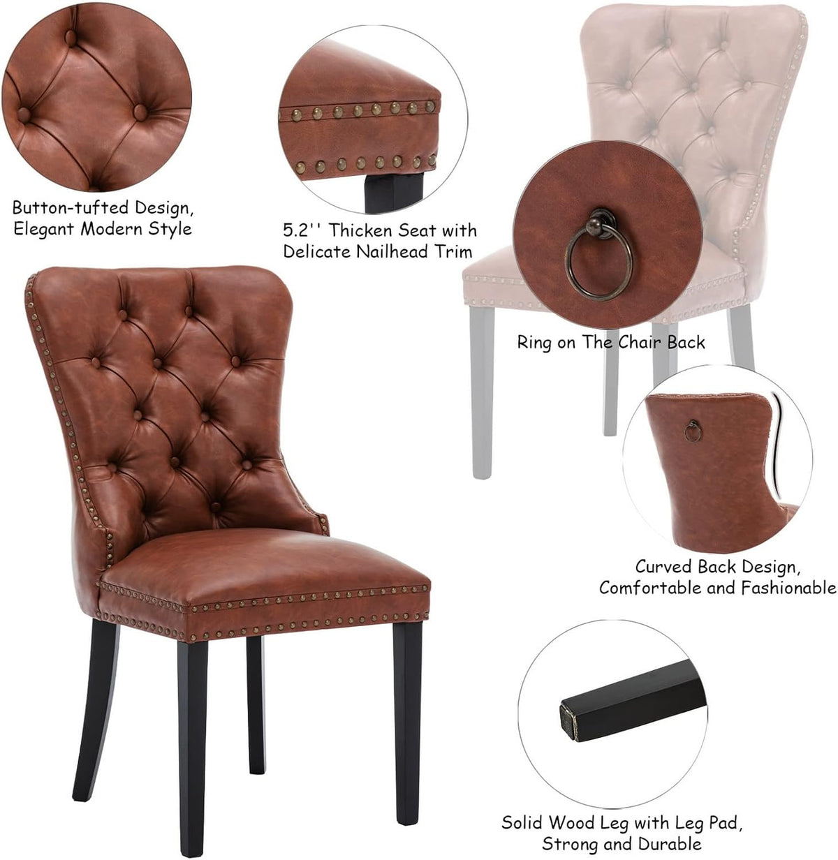 CIMOTA Brown Leather Dining Chairs Set of 8 Mid Century Modern Dining Room Chairs Tufted Upholstered Kitchen Dining Chairs Comfortable Side Chairs with Nailhead Trim/Ring Back (PU /8PCS)