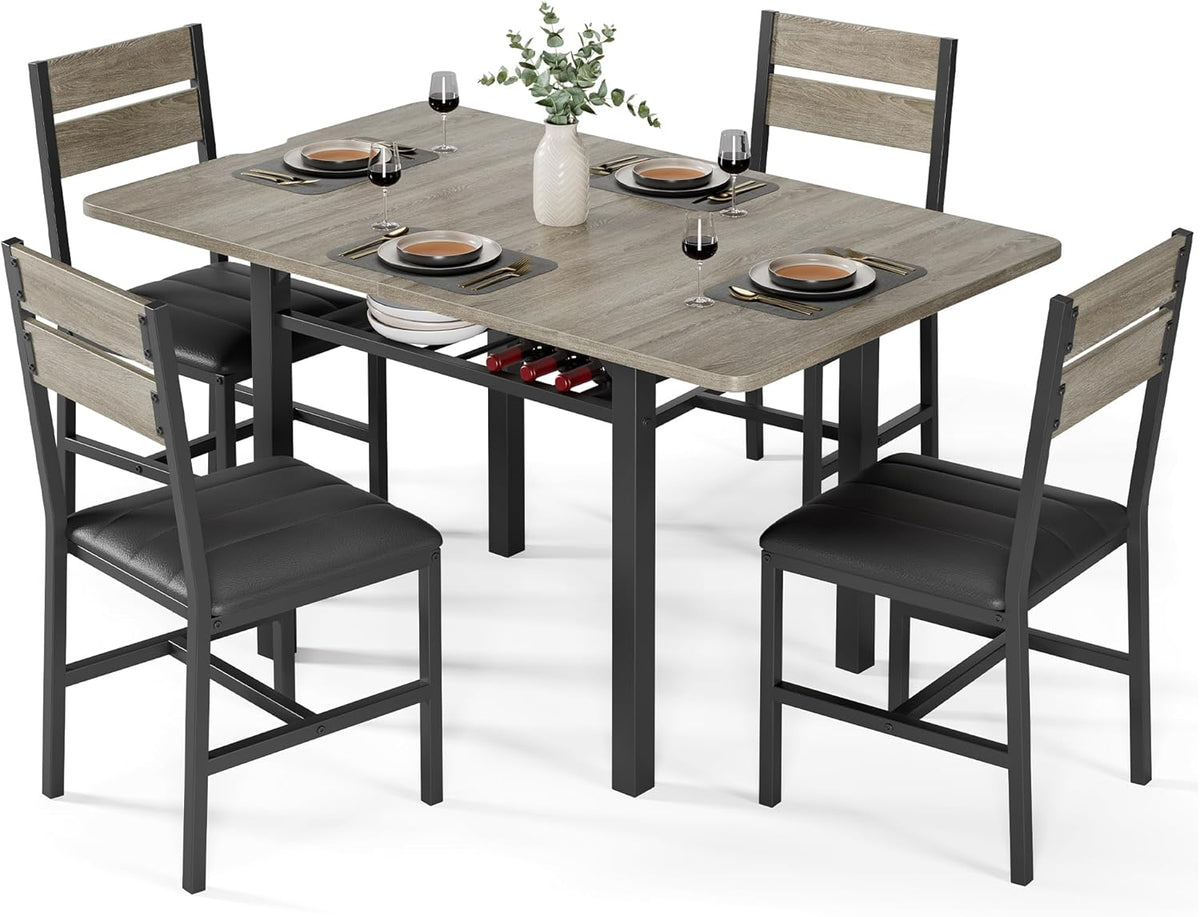 MapleGrace Extendable Dining Table Set for 4 with Storage Rack, 5-Piece Kitchen Table with 4 Upholstered Chairs, Metal Frame & MDF Board, Space-Saving for Small Apartment, Gray