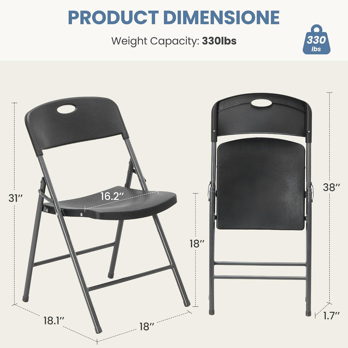 DUMOS Folding Chairs 2 Pack, Dining Chairs, Outdoor Home Office | Plastic Portable Stackable, Metal Frame, Indoor Party Event, Wedding Birthday, Black