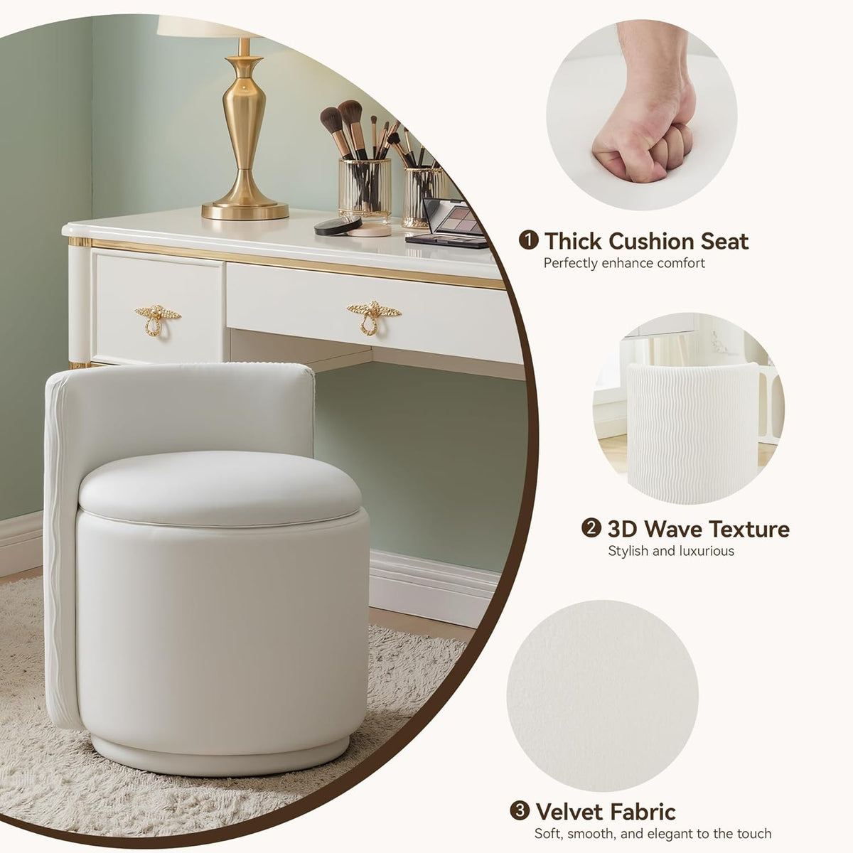 HUBSON Vanity Chair with Storage, Swivel Velvet Chairs with Back, Modern Round Accent Makeup Chair, No Assembly Vanity Stool for Living Room, Bedroom, Dressing, White